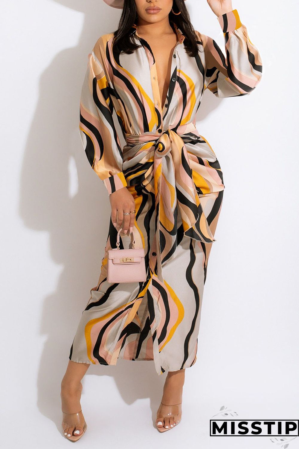 Apricot Casual Print Patchwork Buckle With Belt Turndown Collar Shirt Dress Dresses