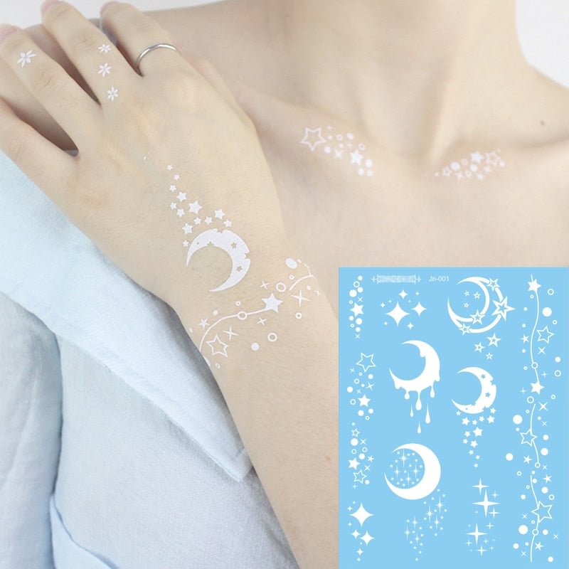 waterproof temporary tattoos face neck water transfer white henna tattoo fake moon star lace tattoo designs stickers decal