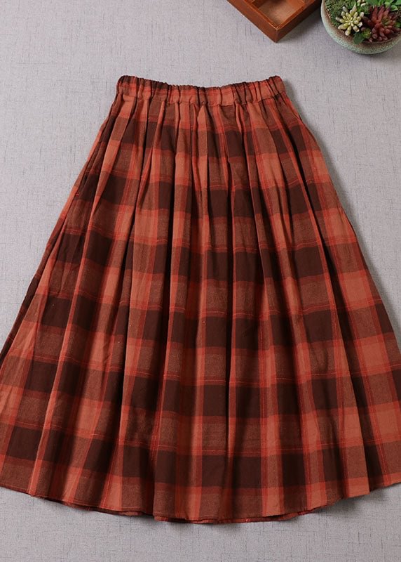 Fine Coffee Plaid wrinkled Pockets Cotton Skirt Spring CK1644- Fabulory