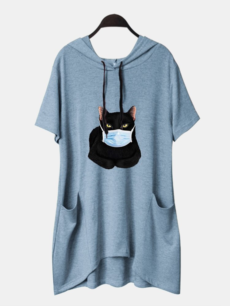 Cartoon Cat Printed Hooded Long Blouse With Pocket P1666964