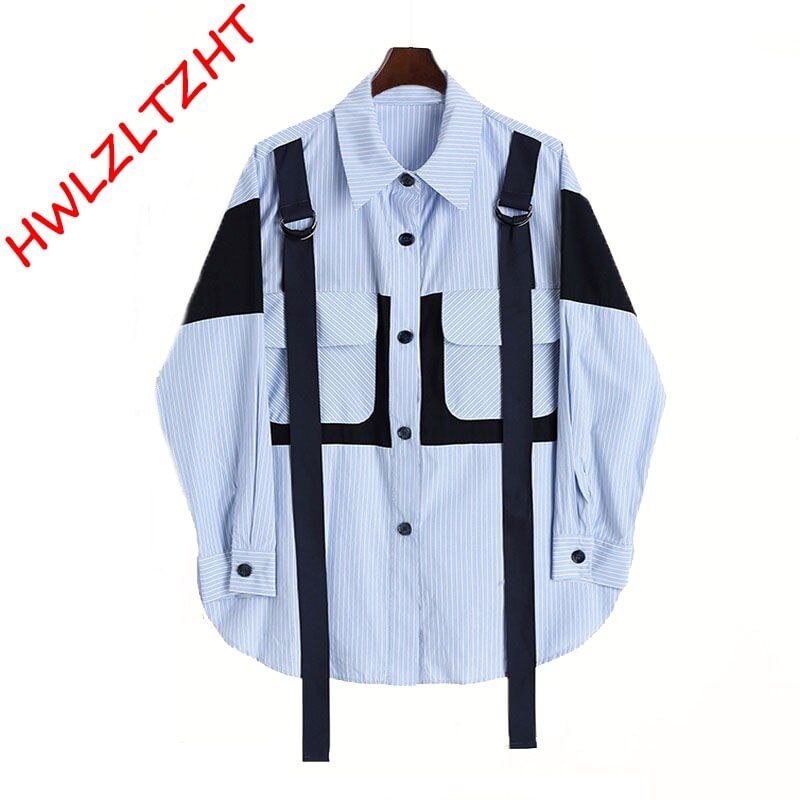 Woherb Unisex Two Piece Set Loose Stitching Ribbon Blue Shirt+Chian Cargo Pants Loose Style For Unisex