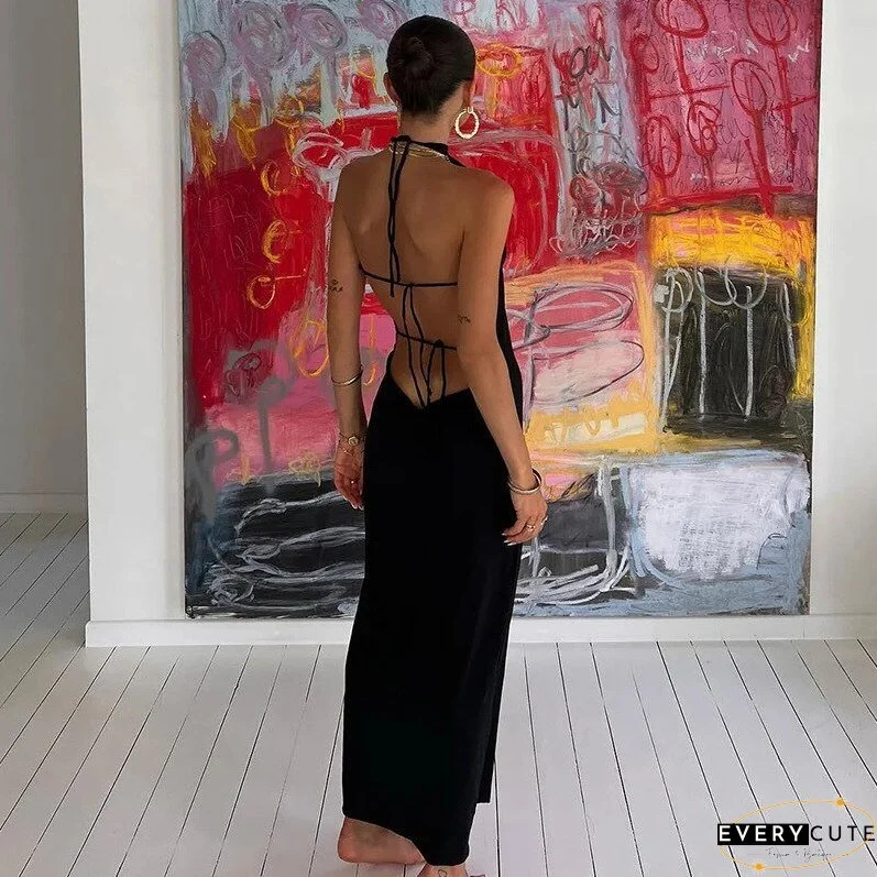 Black Halter Backless Midi Dress Summer Tie Up Beach Holiday Sexy Dress Club Party