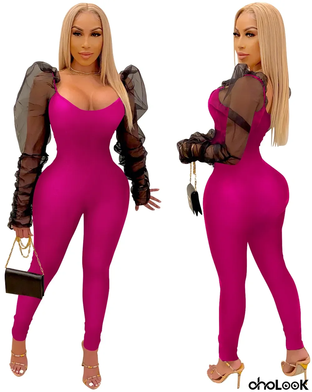 Spring Mesh Puff Sleeve Bodycon Jumpsuit
