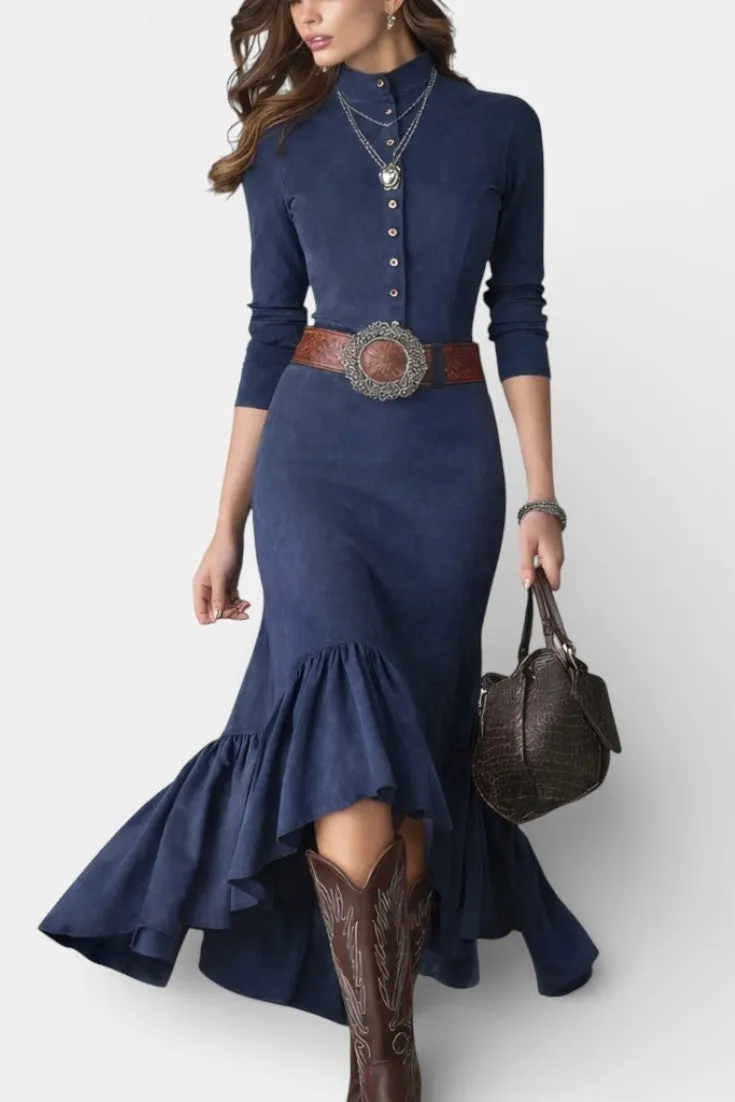Navy Mock Neck Dress with Asymmetric Ruffle Hem
