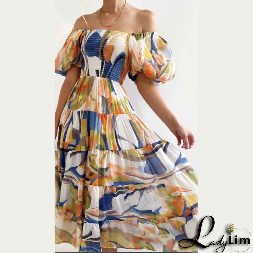 Women Boho Print Off Shoulder Holidays Oversized Dress