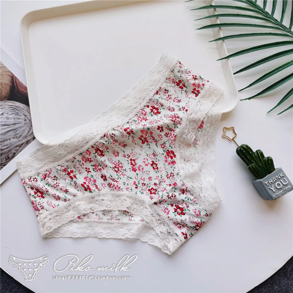 European Style Sexy Underwear Women's Ice Silk Printing Panties Fashion Lace Briefs Ladies Low Waist Underpants Female Lingerie