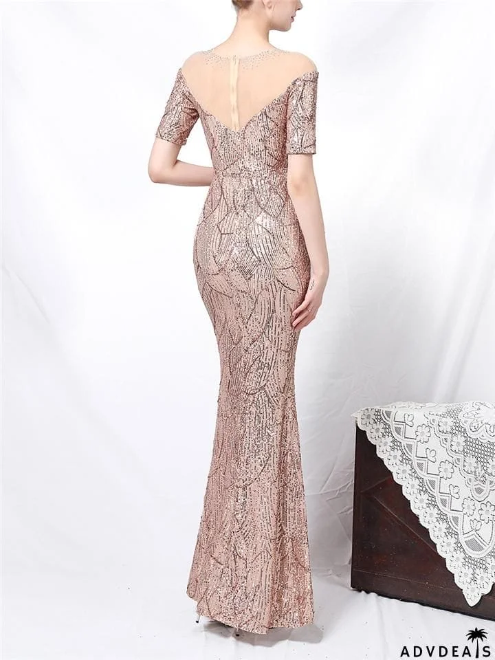 Shimmering Sequined Illusion Neck Mermaid Dress for Evening Party