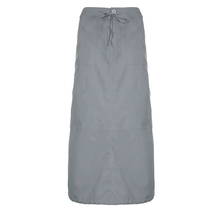 Sweetown Low Waist Casual Loose Size Pockets Streetwear Cargo Long Skirts Womens Drawstring Hem Split Design Preppy Bottoms