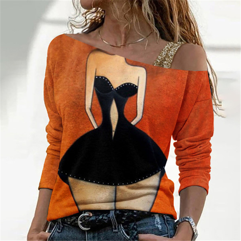 Graphic Print Slant Neck Long Sleeve Sexy Head Fashion Casual Blouses & Shirts