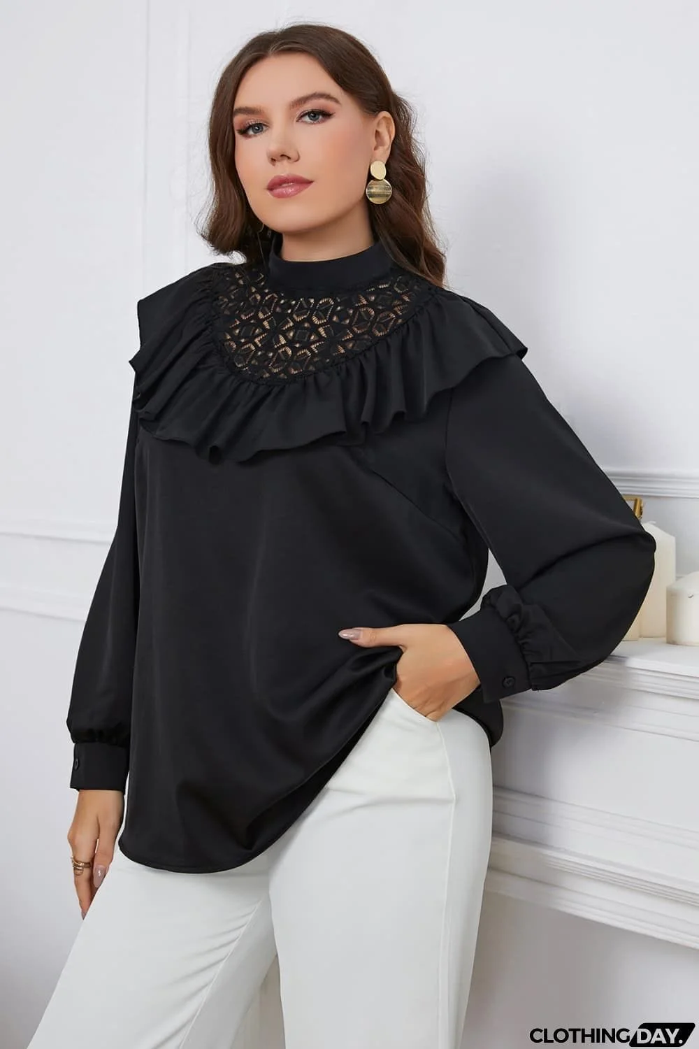 Plus Size Ruffle Trim Mock Neck Blouse