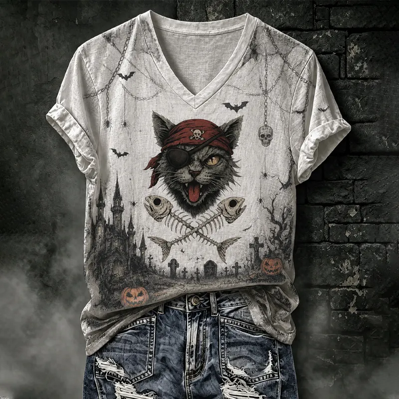 Women's Gothic Halloween Pirate Cat Fishbone Short-sleeve Top artswardrobe