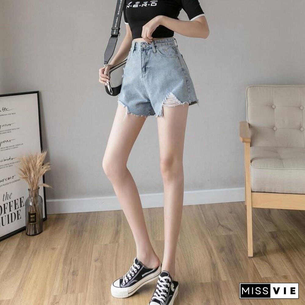 Woman Jeans Shorts Ripped Clothes High Waisted Summer Streetwear Baggy Wide Leg Vintage Fashion The New Blue Harajuku Pants