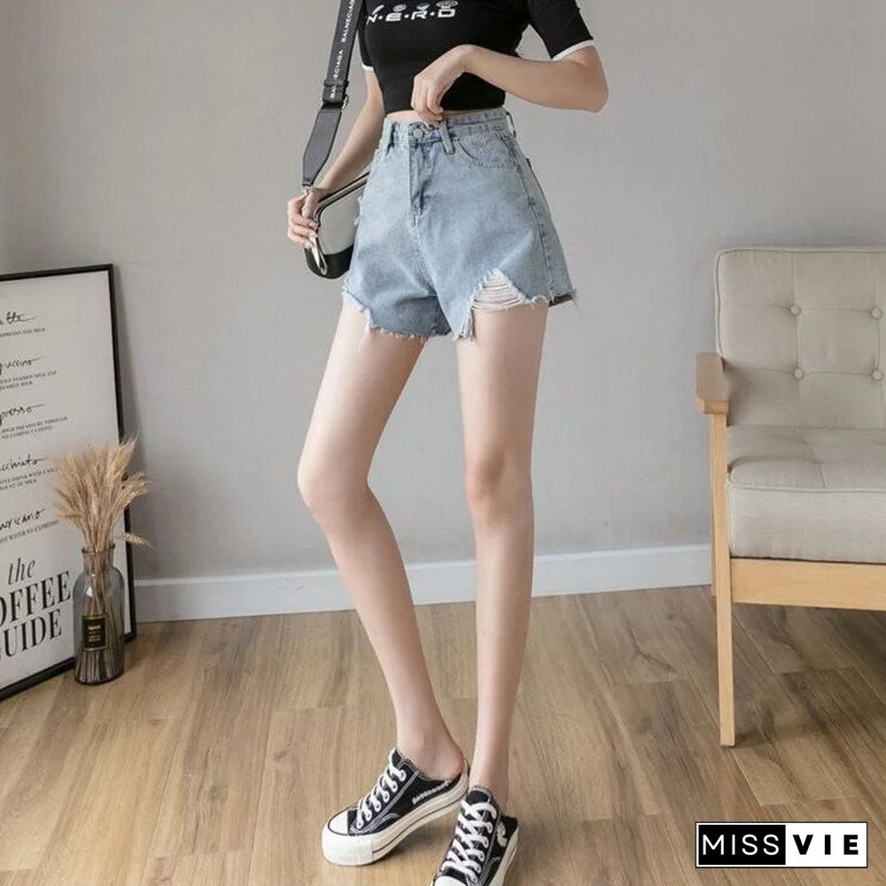 Woman Jeans Shorts Ripped Clothes High Waisted Summer Streetwear Baggy Wide Leg Vintage Fashion The New Blue Harajuku Pants
