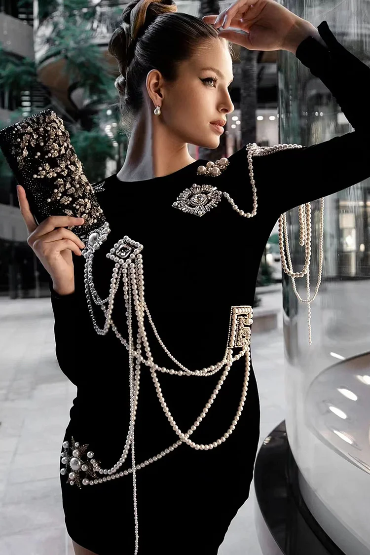 Pearl Chain Rhinestone Decor Mini Dress-Black