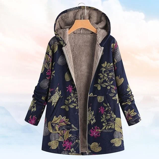 Women's Coat Winter Warm Outwear Floral Print Hooded Pockets Vintage Oversize Casual Outwear Plus Size