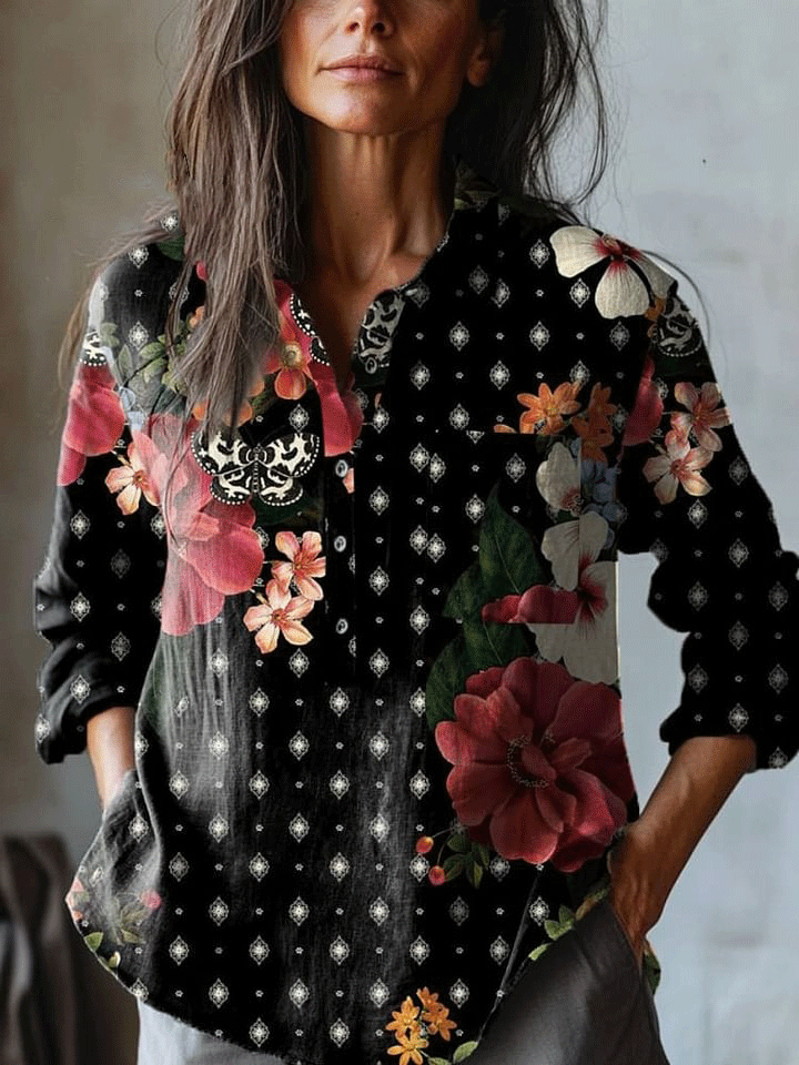 Women's   Flowers  Art Print Casual Cotton And Linen Shirt
