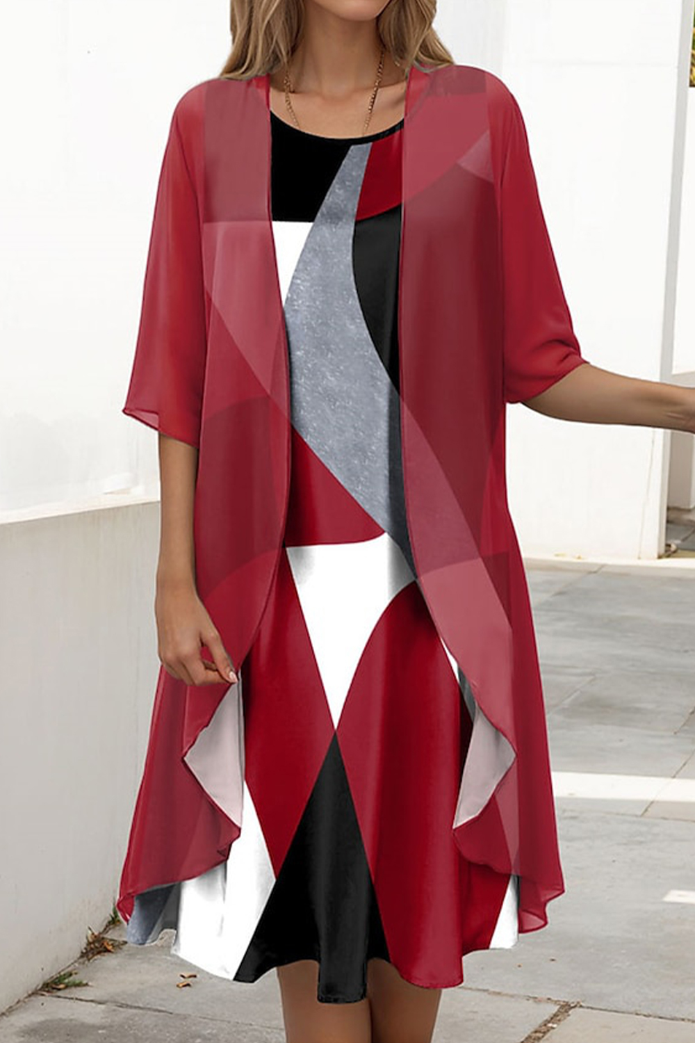 Plus Size Everyday Burgundy Chiffon Colorblock Half Sleeve Two Piece Midi Dress With Jacket 2024 - Flycurvy 