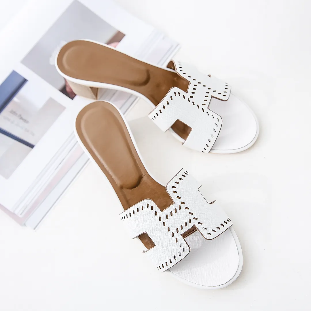 H-Shape Women's Flats White Lychee Pattern Low heels Slippers-vocosishoes