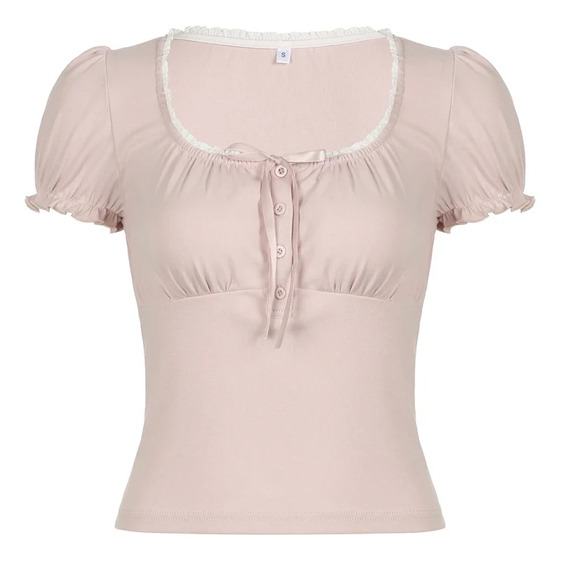 Ueong Pure Romantic Style Pleated Lace Button Splicing U-Collar Bubble Sleeve T-Shirt Pure Color Slimming Casual Shirt Trend