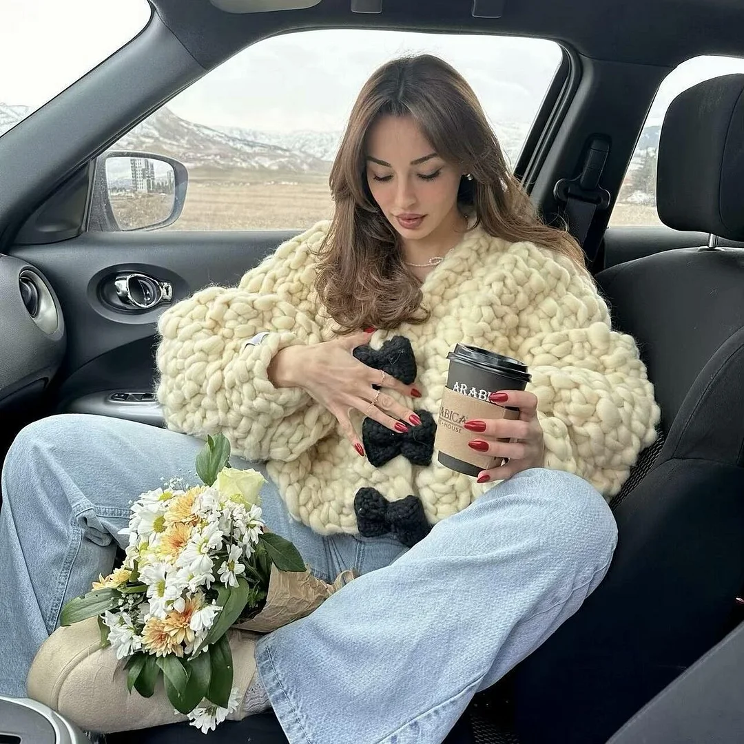 Nigikala Nigikala Bow Sweater Cardigan Jacket Languid Short Heavyweight Knitted Jersey Woman