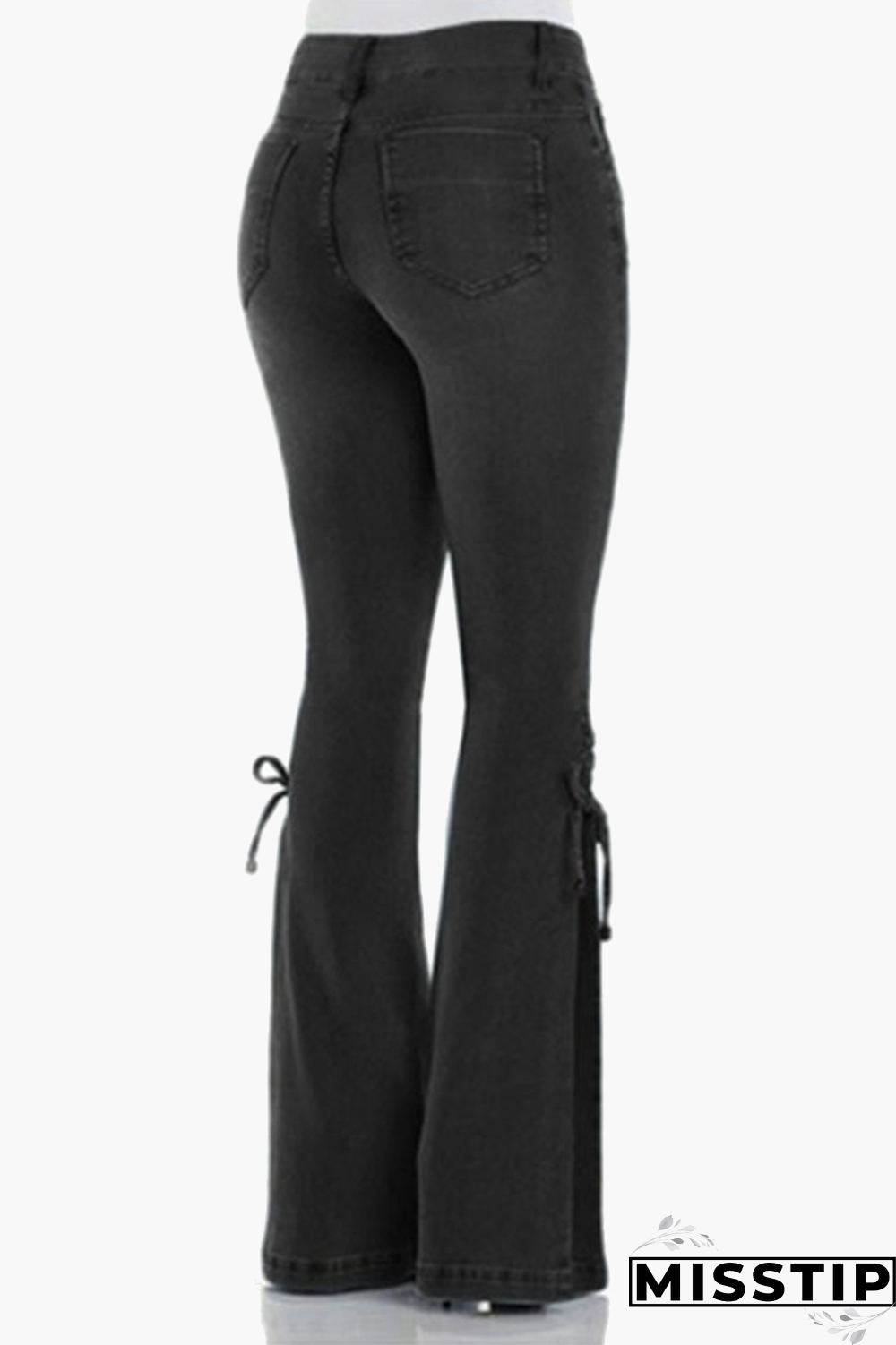 Black Casual Street Solid Patchwork Cross Straps Boot Cut Mid Waist Wide Leg Bottoms