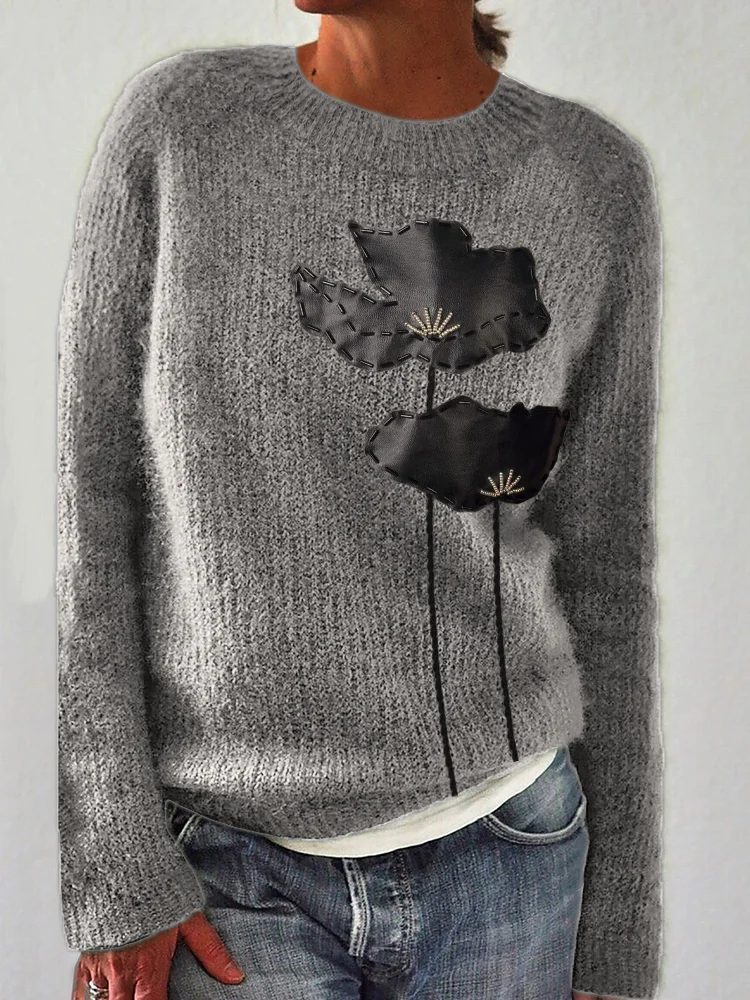 VChics Classy Black Flowers Leather Beaded Cozy Sweater