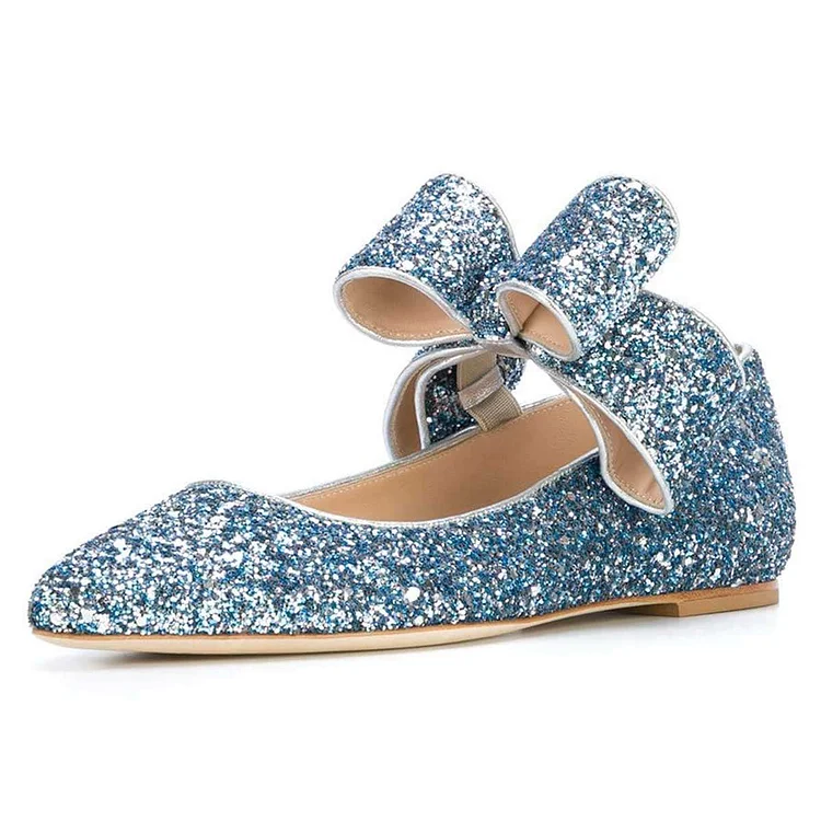 Blue Glitter Bow Pointy Toe Comfortable Flats |FSJ Shoes