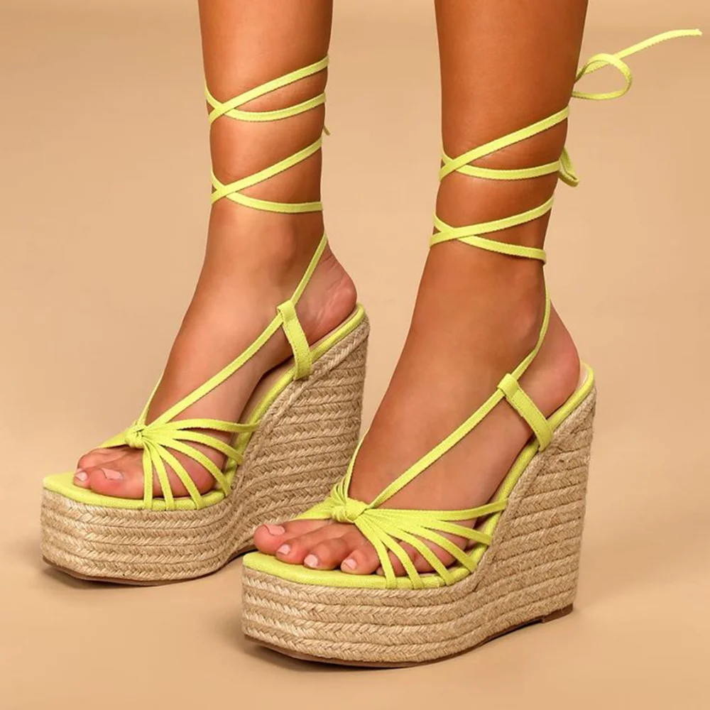 Yellow Opened Toe Knot Design Lace Up Platform Sandals With Wedge Heels Nicepairs