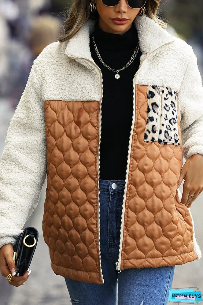 Color Block Leopard Patchwork Zipper Fleece Coat