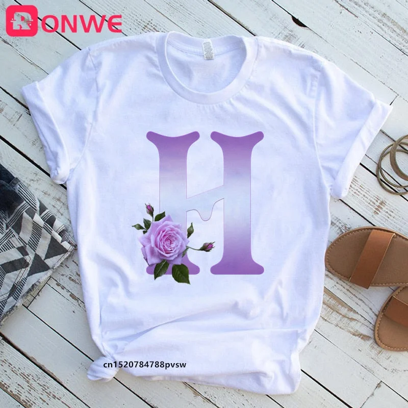 Women's Custom Name Rose Letter Combination Printing T-shirt Flower Letter Font A B C D E F G Short sleeve Tshirt,Drop Ship