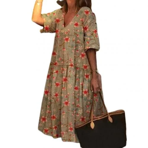 Boho Women V Neck Half Sleeve Floral Print Large Hem Beach Party Midi Dress  Women Dress Spring Summer Dress Sets