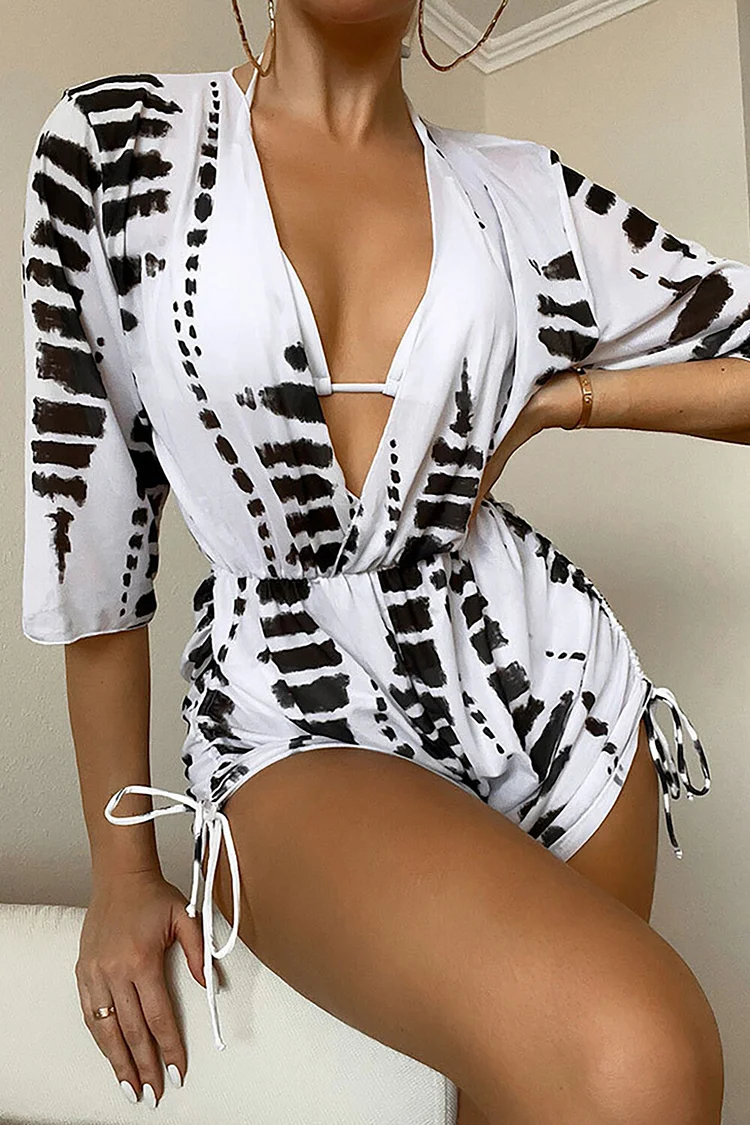 Tie Dye Print Cover Ups Playsuit Romper Bikini Swimsuit 3pcs Set-White