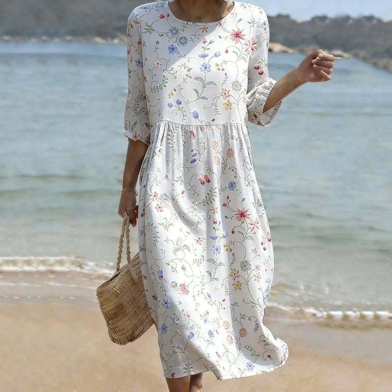 Comstylish Women's Floral Art Print Linen Blend Casual Dress