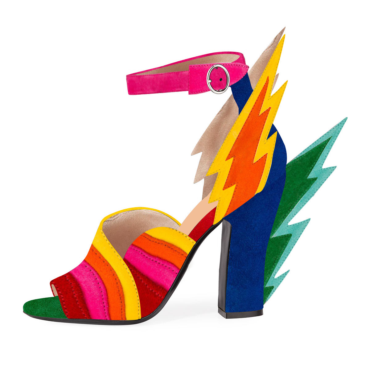 Multicolor Vegan Suede Lightning Design Block Heel Sandals
