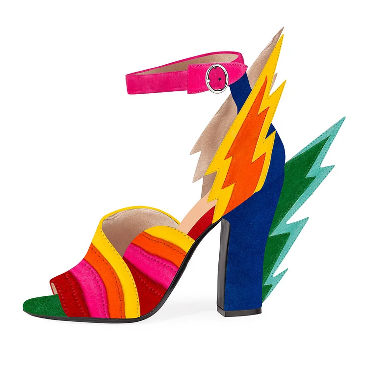 Multi-Color Vegan Suede Ankle Strap Lightning Block Heel Sandals |FSJ Shoes