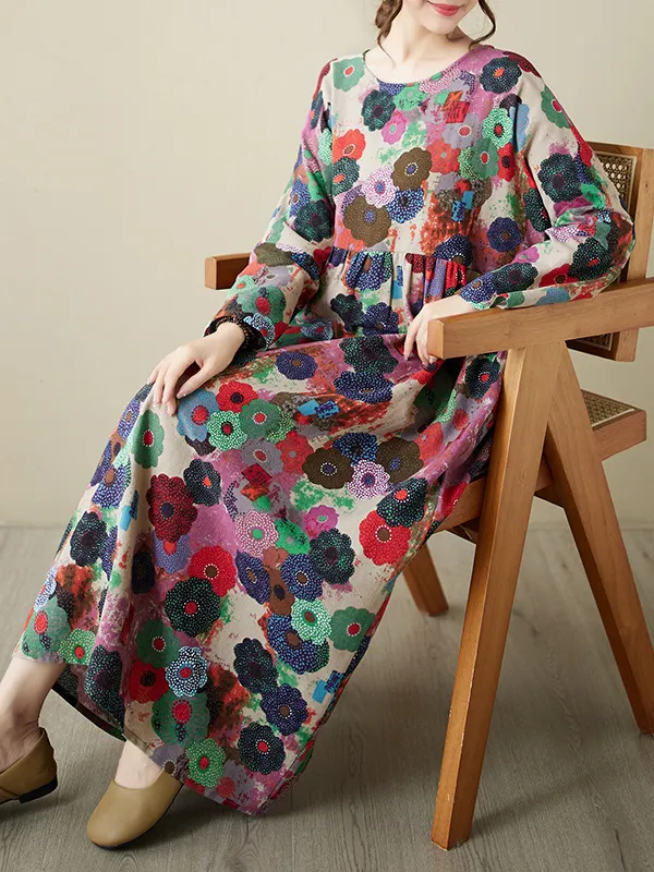 Loose Three-Quarter Sleeves Printed Split-Front Round-Neck Midi Dresses main image 0