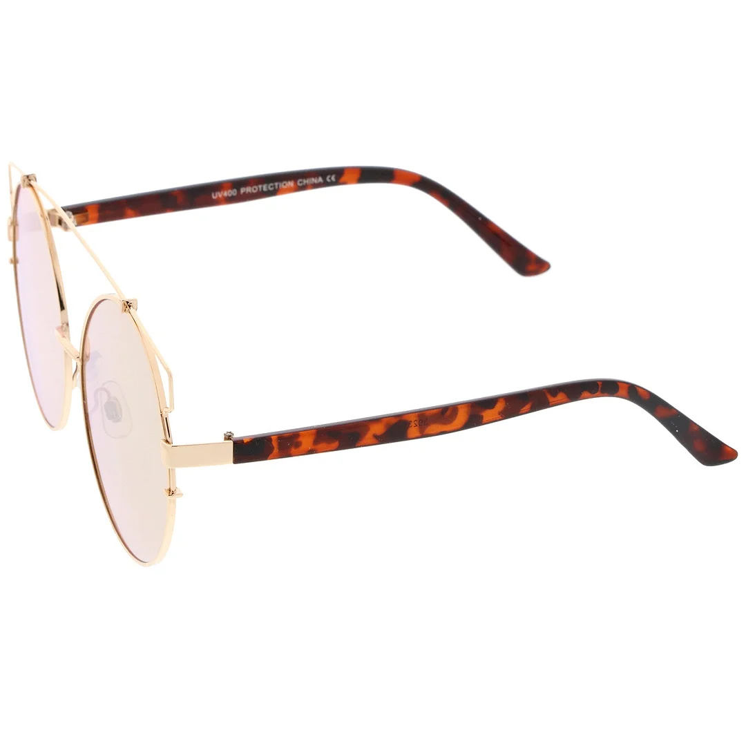 Oversize Metal Frame Horn Rimmed Crossbar Mirror Flat Lens Round glasses 62mm