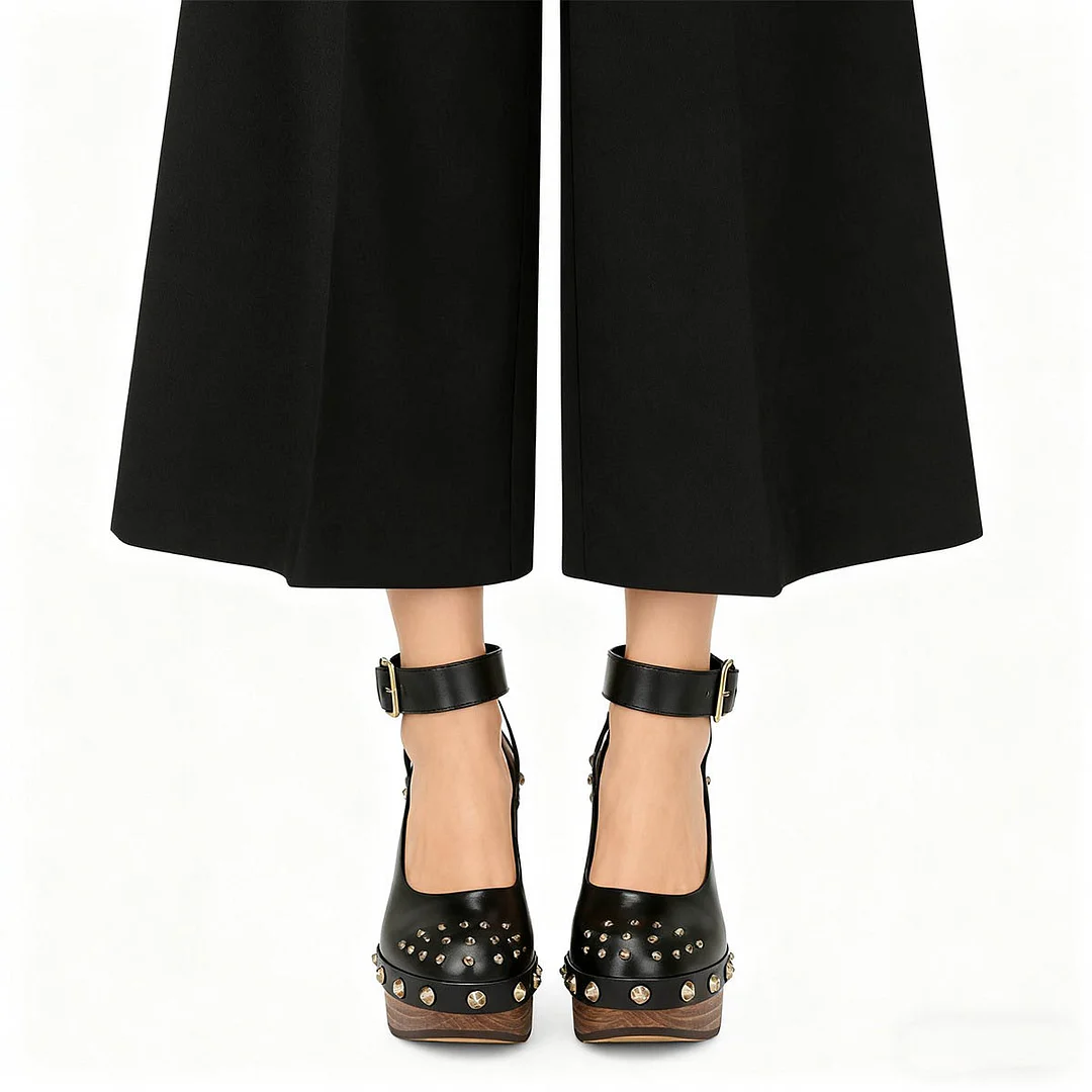 Faux Leather Chunky High Heel Studded Platform Black Pumps with Buckle