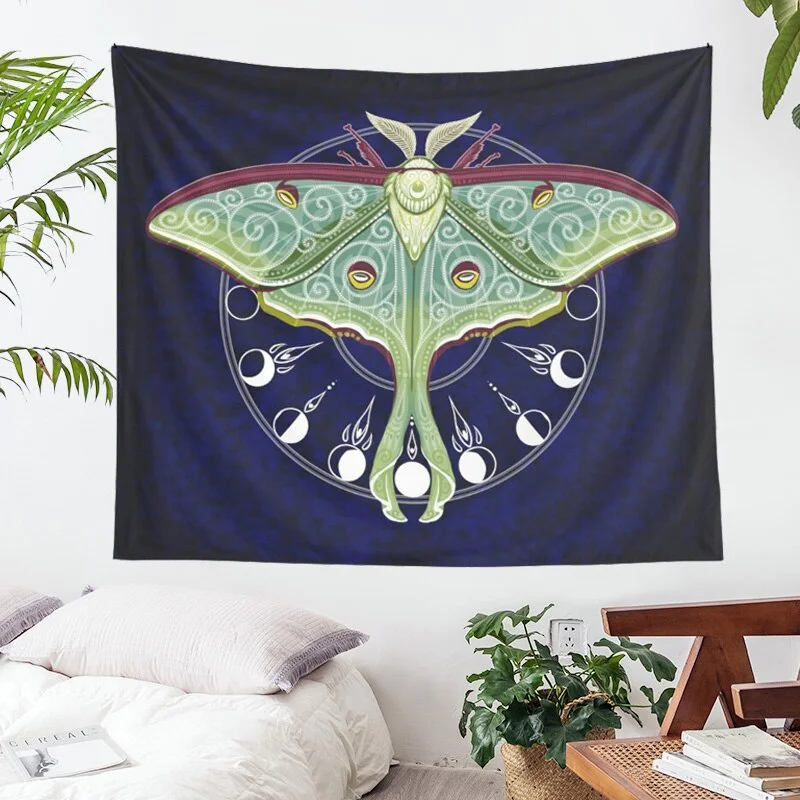 Moon Flower Butterflies Tapestry Wall Hanging Tapestry Boho Celestial Floral Aesthetic Black Art Blanket For House Decoration