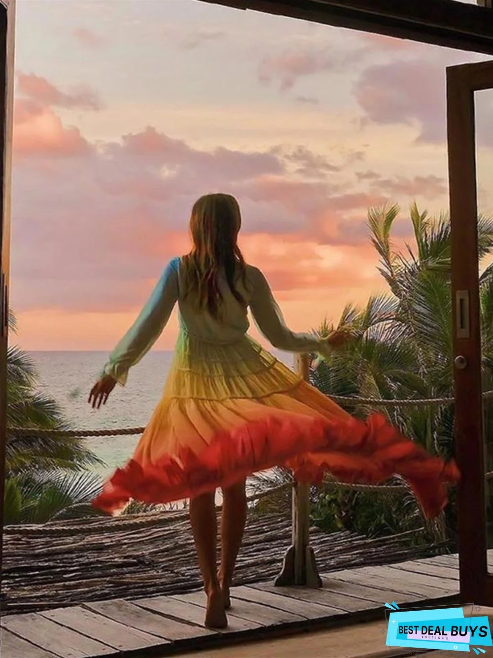 V Long Sleeve Gradual Dress Long Dress