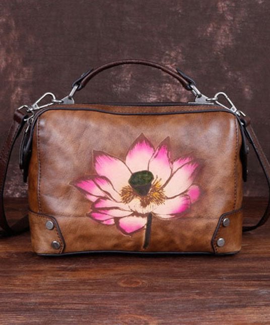 Handmade Coffee Floral Paitings Calf Leather Satchel Handbag CK2107- Fabulory
