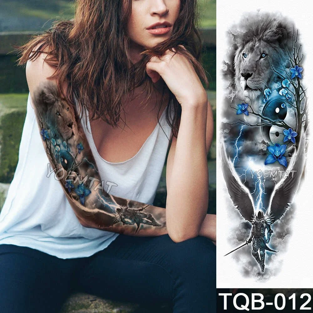 Sdrawing Arm Sleeve Tattoo Lion Crown King Rose Waterproof Temporary Tattoo Sticker Wild Wolf Tiger Men Full Skull Totem Tattoo