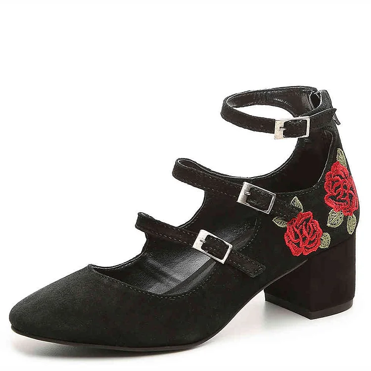Black Flower Embroidered  Mary Jane Shoes Buckles Chunky Heel Pumps |FSJ Shoes