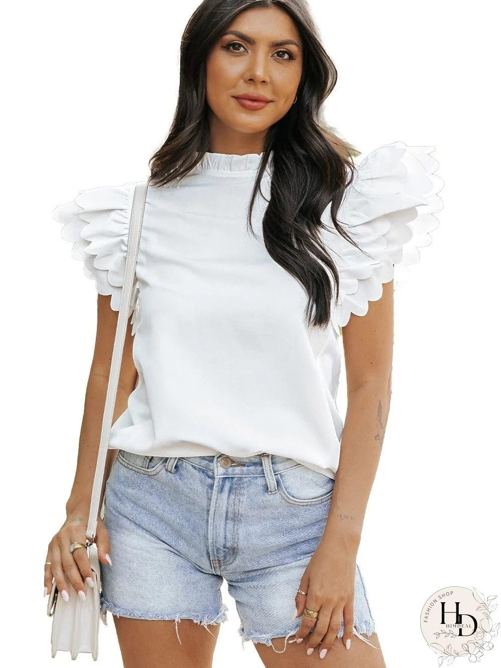 White Mock Neck Blouse with Ruffles