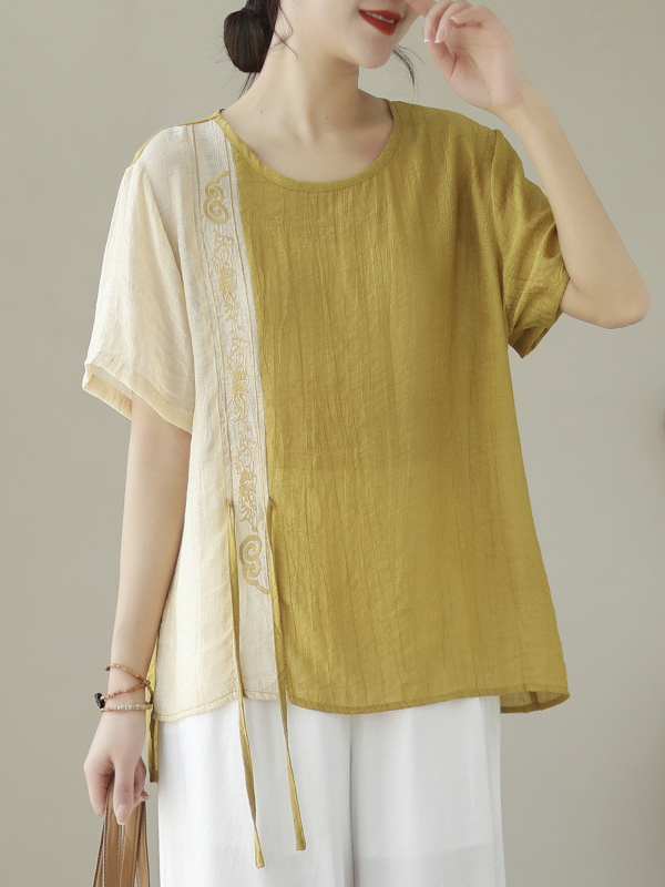 Colorblock Short Sleeve Side Embroidery Loose Top