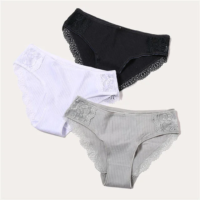 FINETOO 3PCS/Set Cotton Panties Women Underwear Sexy Panties Lace Brief for Female Panty Lingerie Low Waist Floral culotte femme