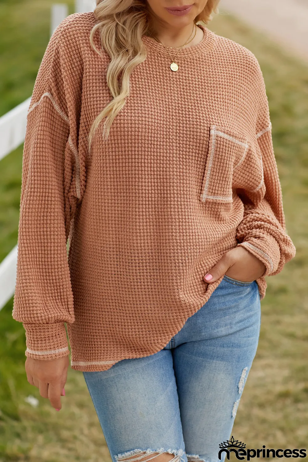 Grey Contrast Stitching Waffle Knit Top