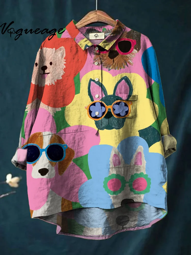 Casual And Age-Reducing Bright Cartoon Dog Head Print Cotton And Linen Shirt