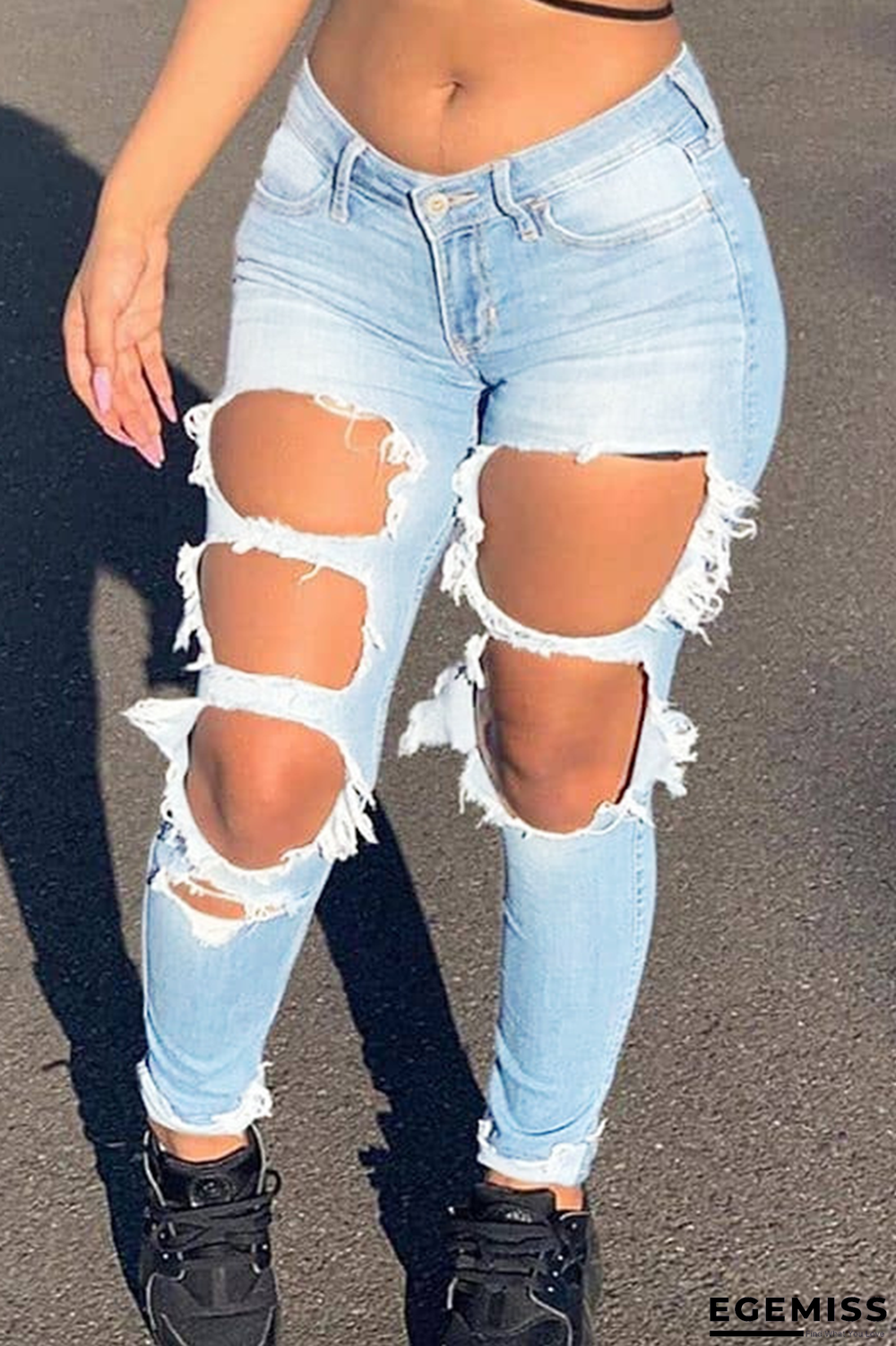 Baby Blue Casual Print Ripped Mid Waist Skinny Denim Jeans | EGEMISS