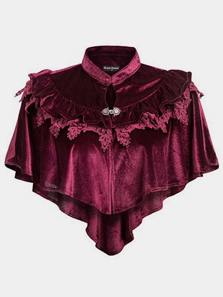 Vintage Ruffle Lace Trim Mock Neck Velvet Crop Cape